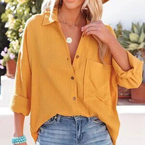 Mustard Yellow Button-Up Blouse | Medium | All Season Wear
